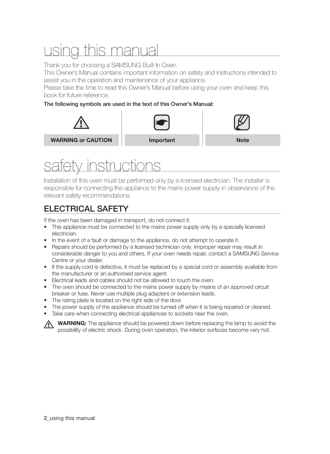 Samsung BT621FSGB/BOL Using this manual, Safety instructions, Electrical Safety 