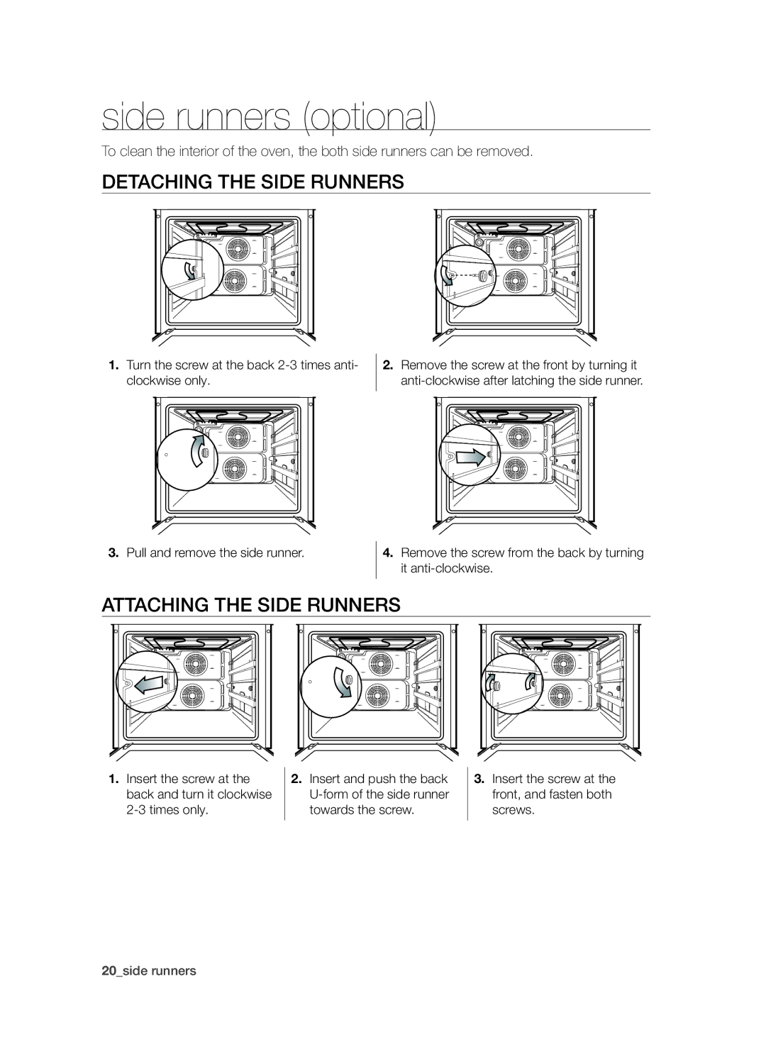 Samsung BT621FSGB/BOL manual Side runners optional, Detaching the Side Runners, Attaching the Side Runners 