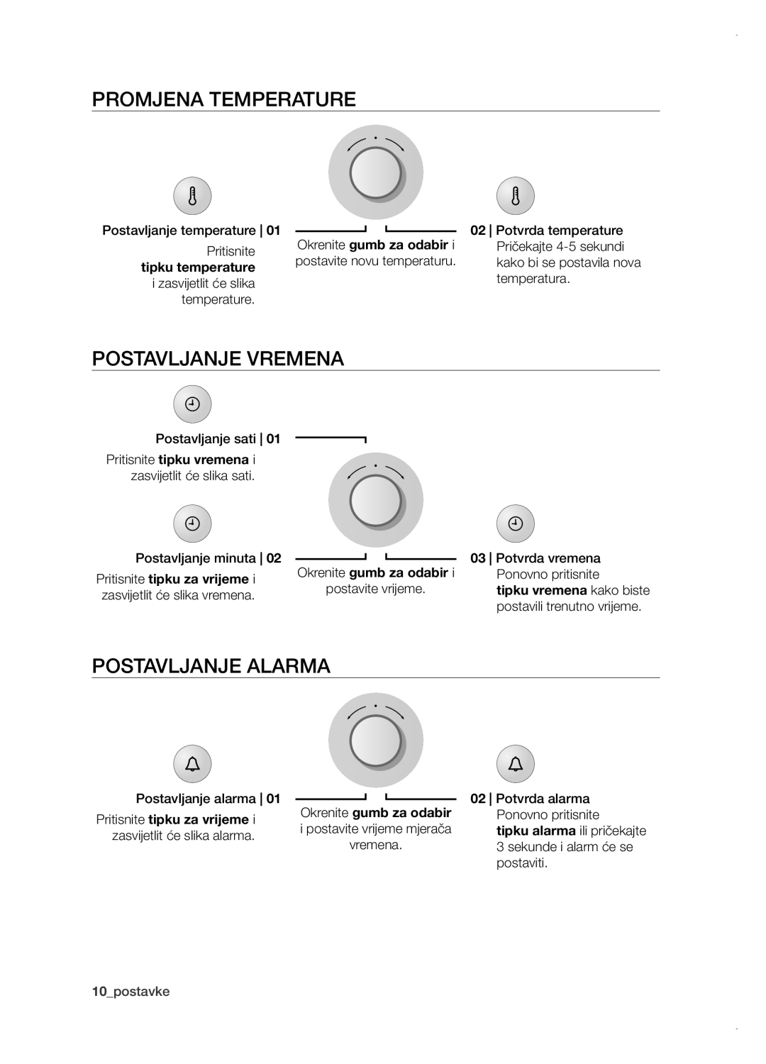 Samsung BT621FSGB/BOL manual Promjena temperature, Postavljanje vremena, Postavljanje alarma 