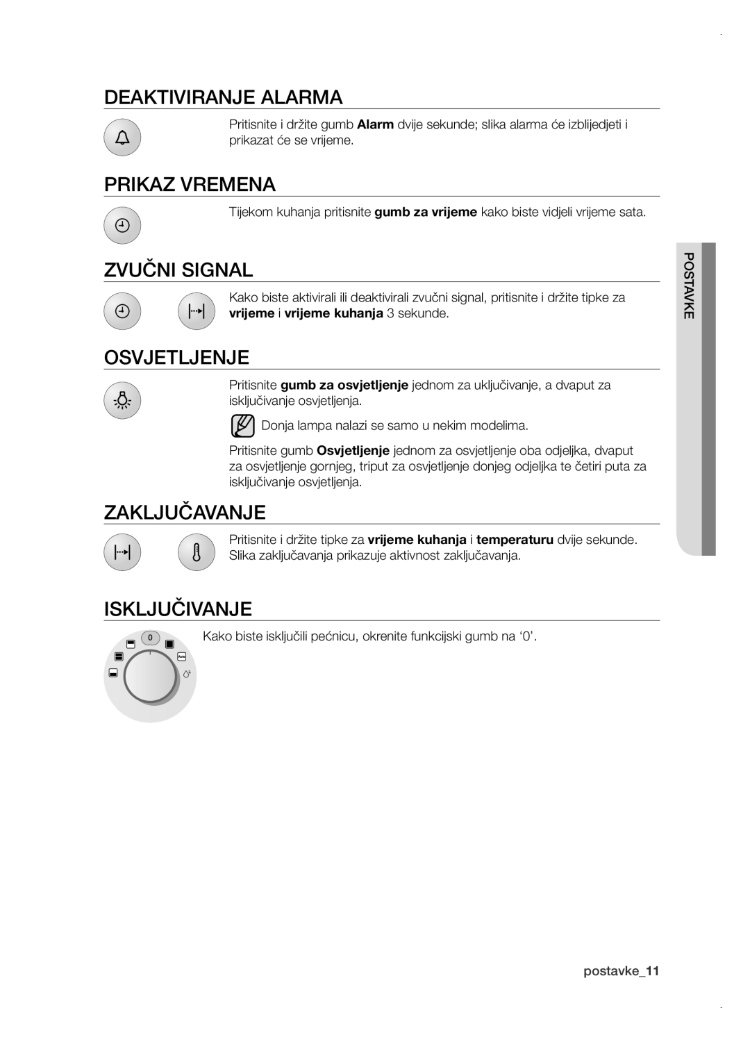 Samsung BT621FSGB/BOL Deaktiviranje alarma, Prikaz vremena, Zvučni signal, Osvjetljenje, Zaključavanje, Isključivanje 