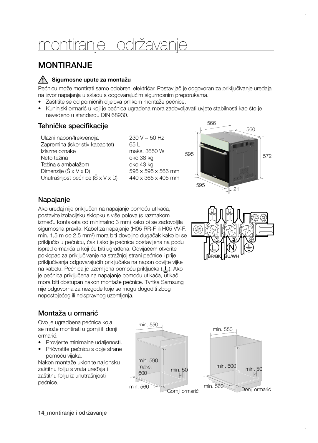 Samsung BT621FSGB/BOL manual Montiranje i održavanje, Tehničke specifikacije, Napajanje, Montaža u ormarić 