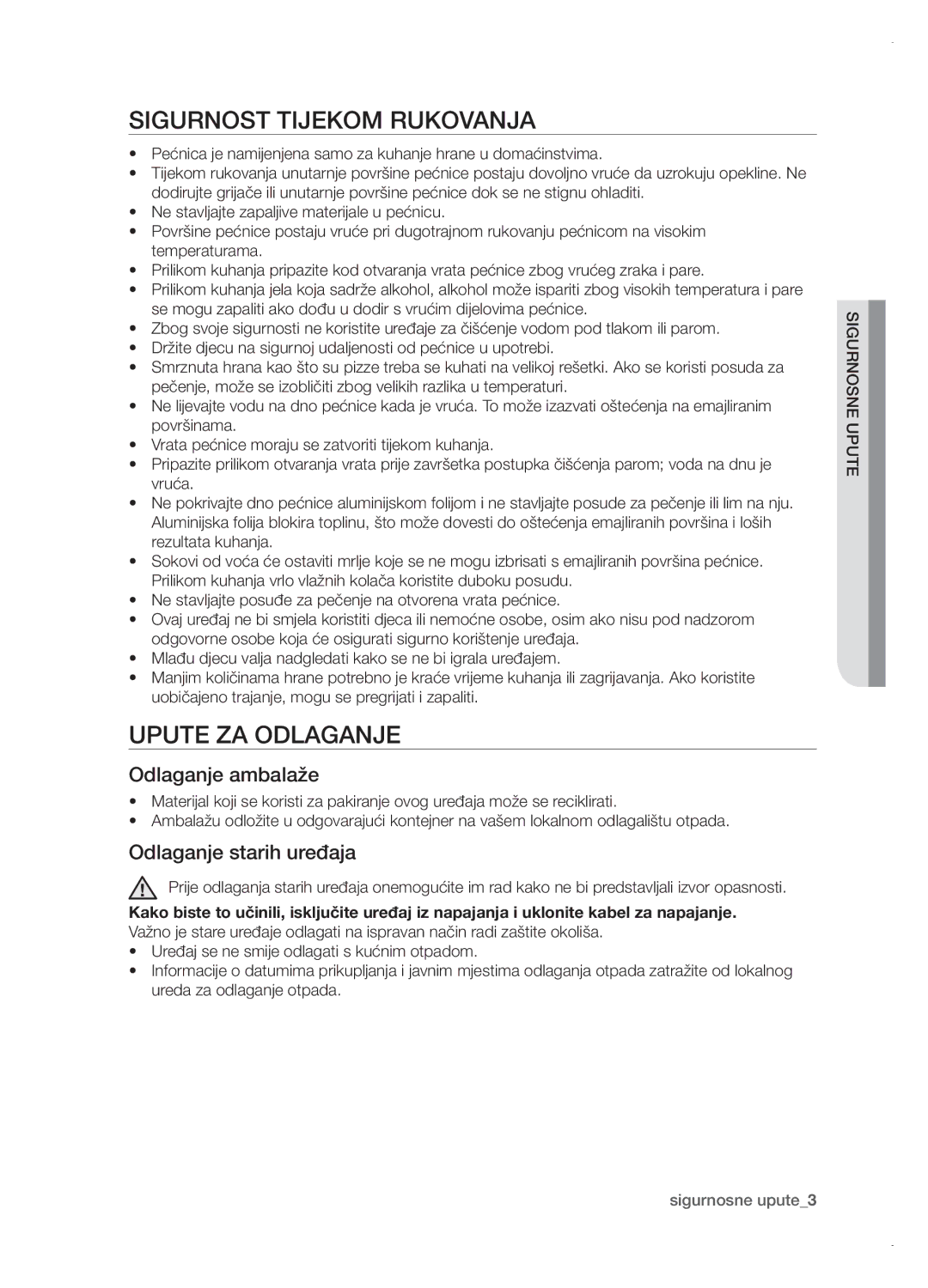 Samsung BT621FSGB/BOL manual Sigurnost tijekom rukovanja, Upute za odlaganje, Odlaganje ambalaže, Odlaganje starih uređaja 