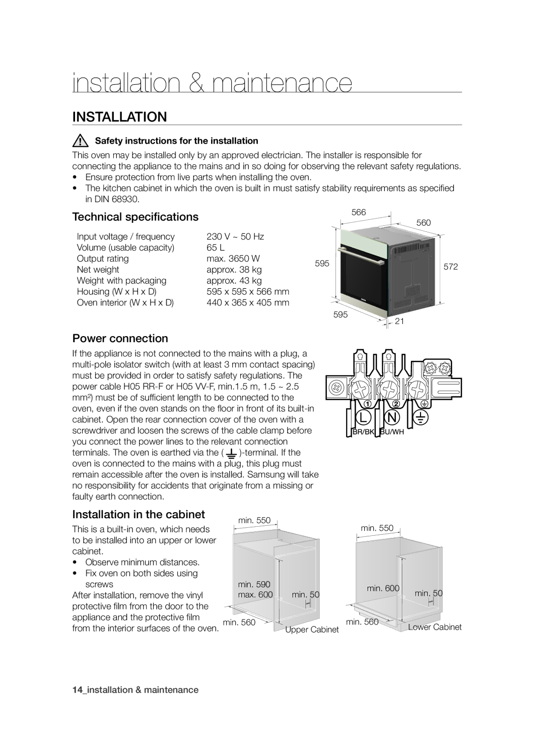 Samsung BT621FSST/BOL Installation & maintenance, Technical speciﬁcations, Power connection, Installation in the cabinet 