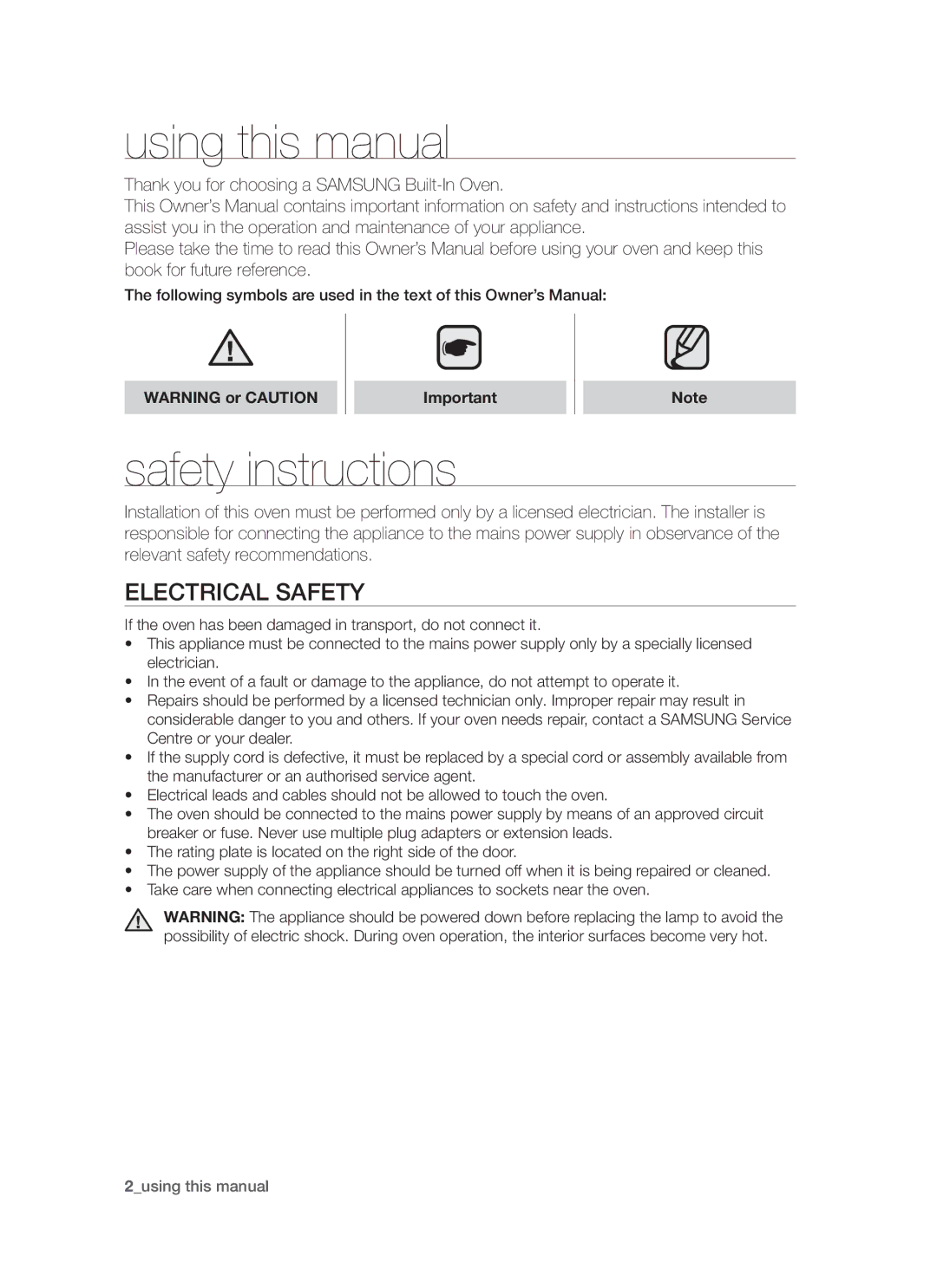 Samsung BT621FSST/BOL Using this manual, Safety instructions, Electrical Safety 