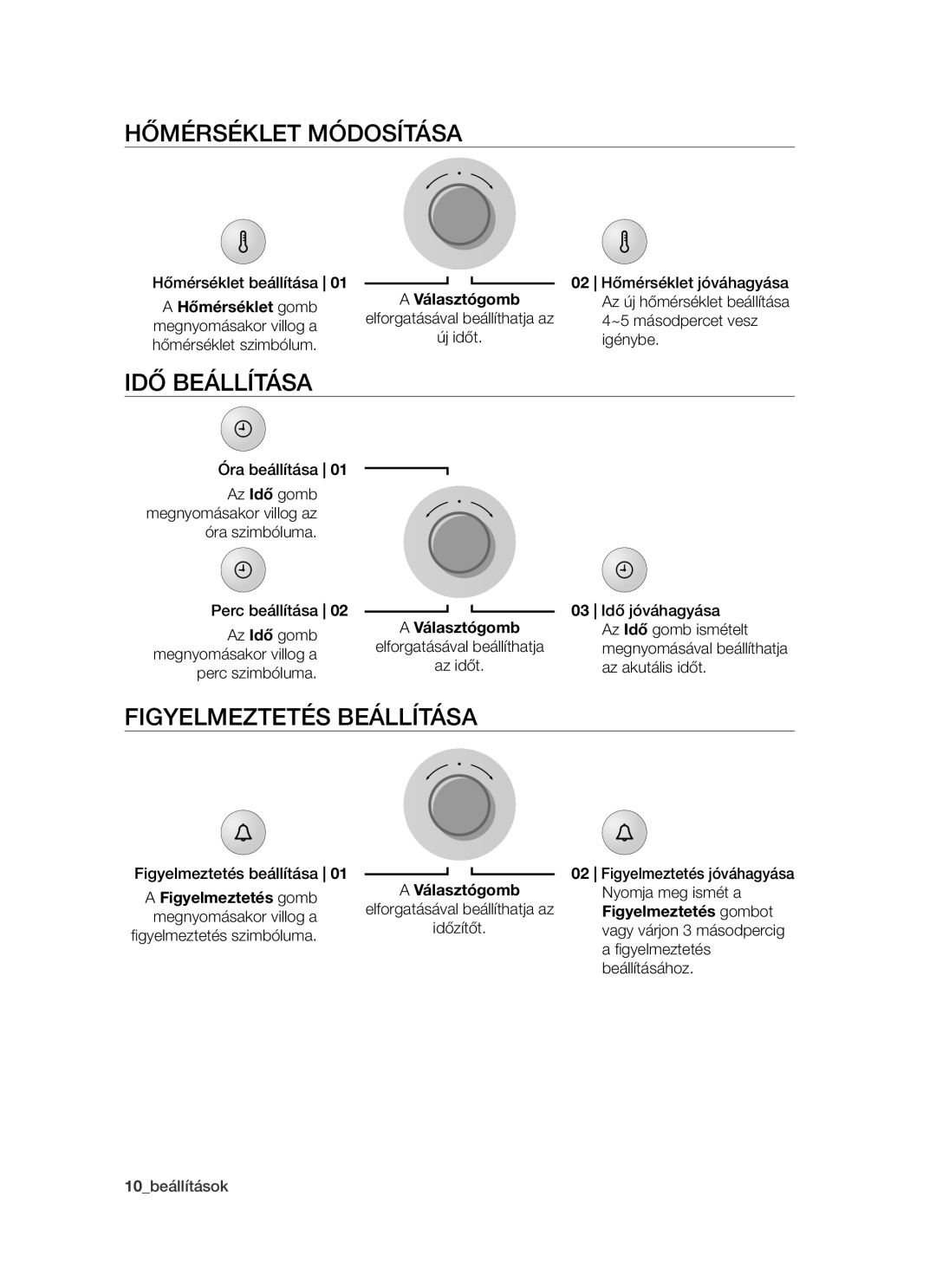 Samsung BT621FSSTP/XEH manual Hőmérséklet módosítása, Idő beállítása, Figyelmeztetés beállítása, Figyelmeztetés gomb 