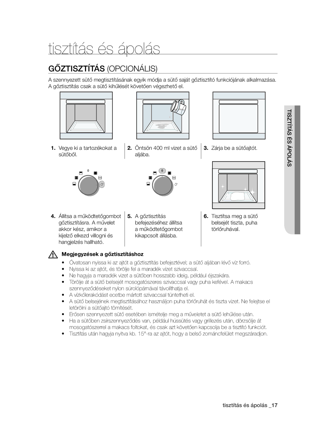 Samsung BT621FSSTP/XEH manual Tisztítás és ápolás, Gőztisztítás opcionális, Megjegyzések a gőztisztításhoz 