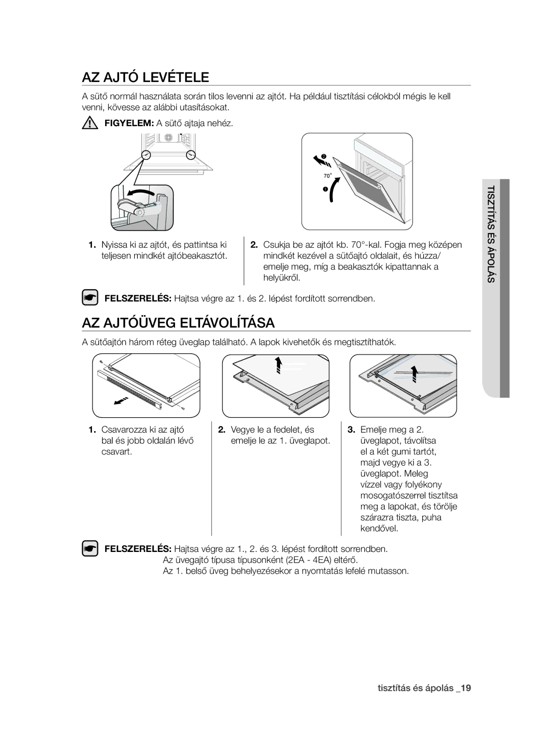 Samsung BT621FSSTP/XEH manual Az ajtó levétele, Az ajtóüveg eltávolítása 