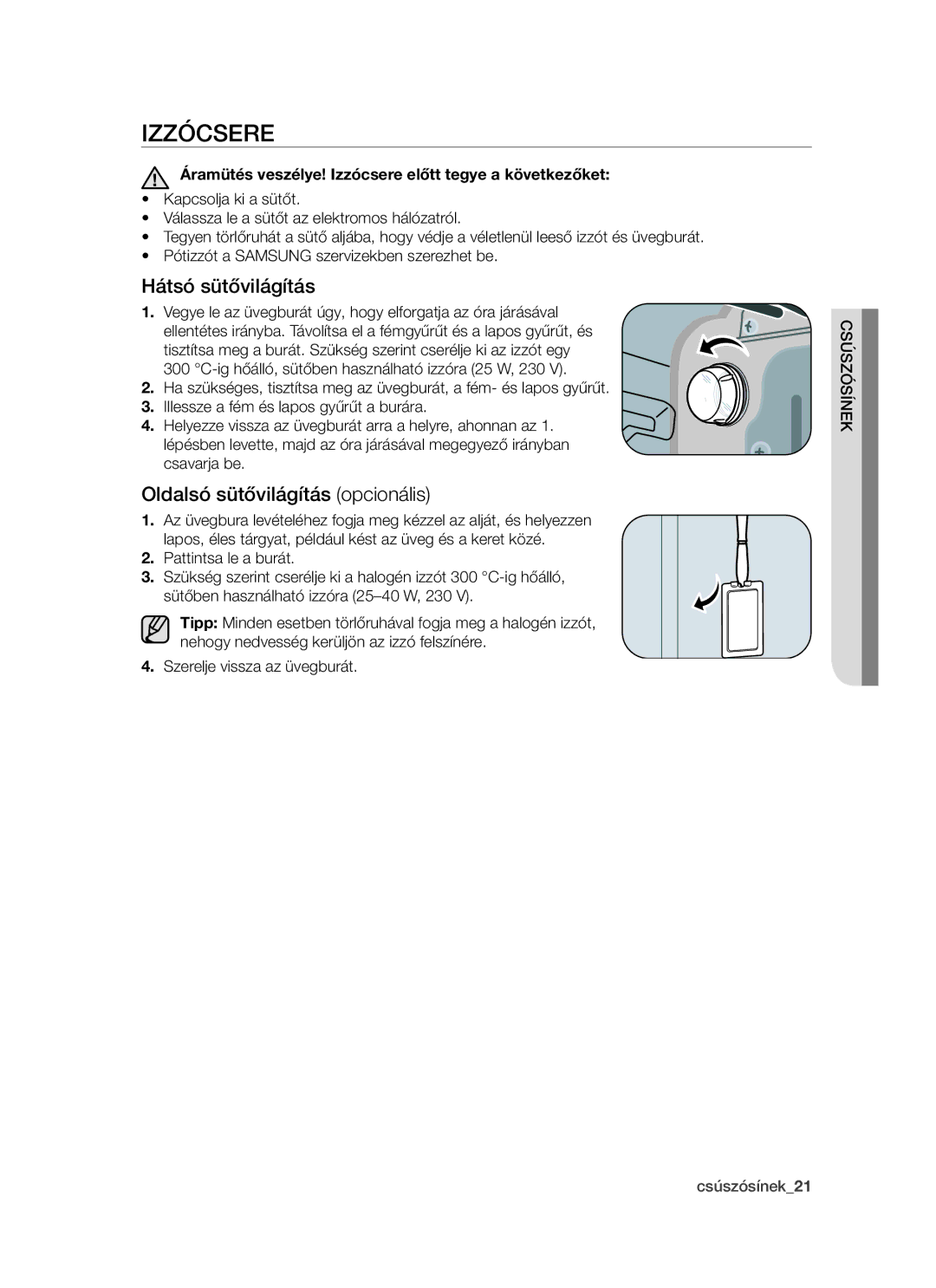 Samsung BT621FSSTP/XEH manual Izzócsere, Hátsó sütővilágítás, Oldalsó sütővilágítás opcionális 