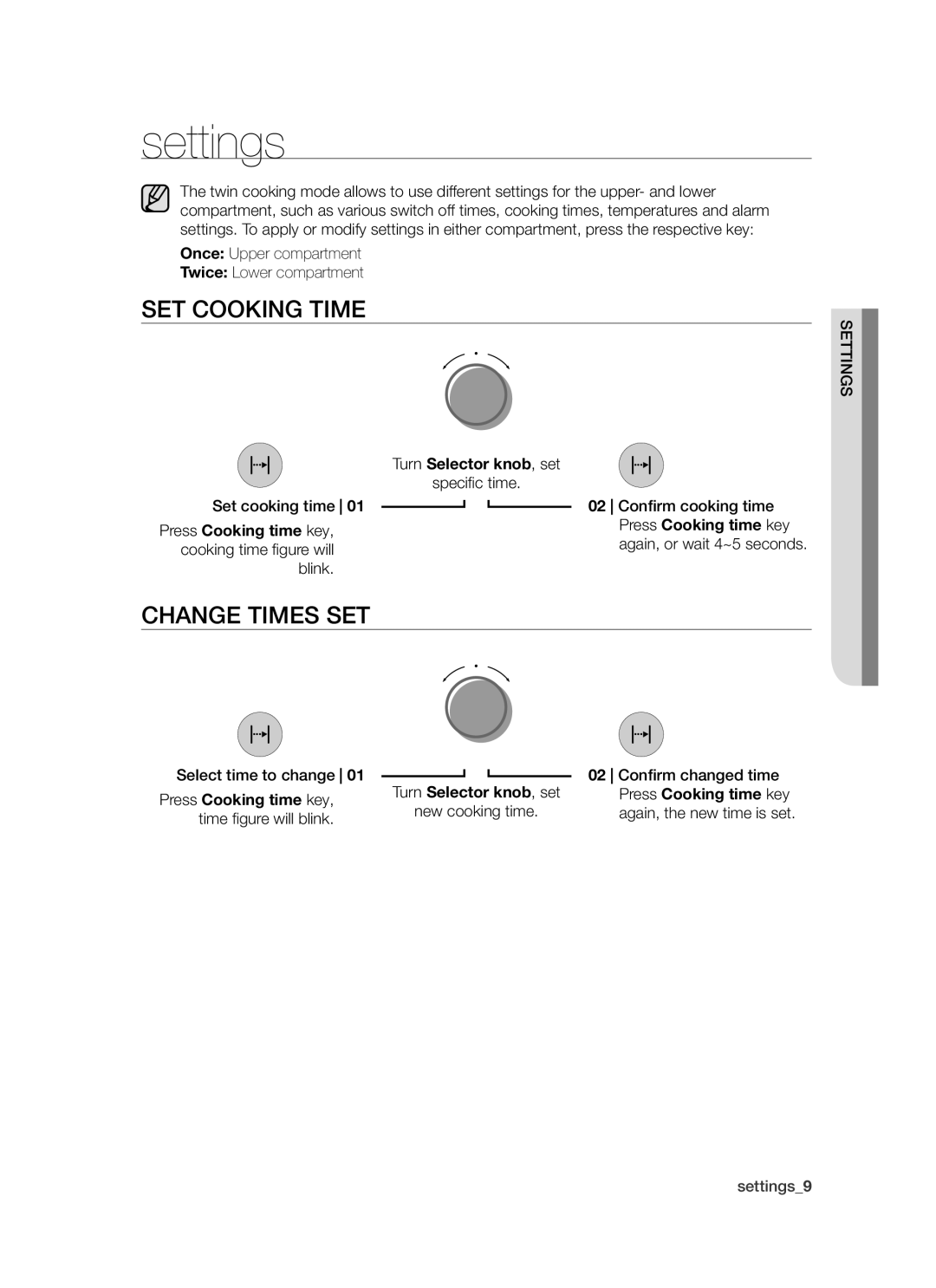 Samsung BT621FSSTP/XEH Settings, Set cooking time, Change times set, Turn Selector knob , set, Press Cooking time key 