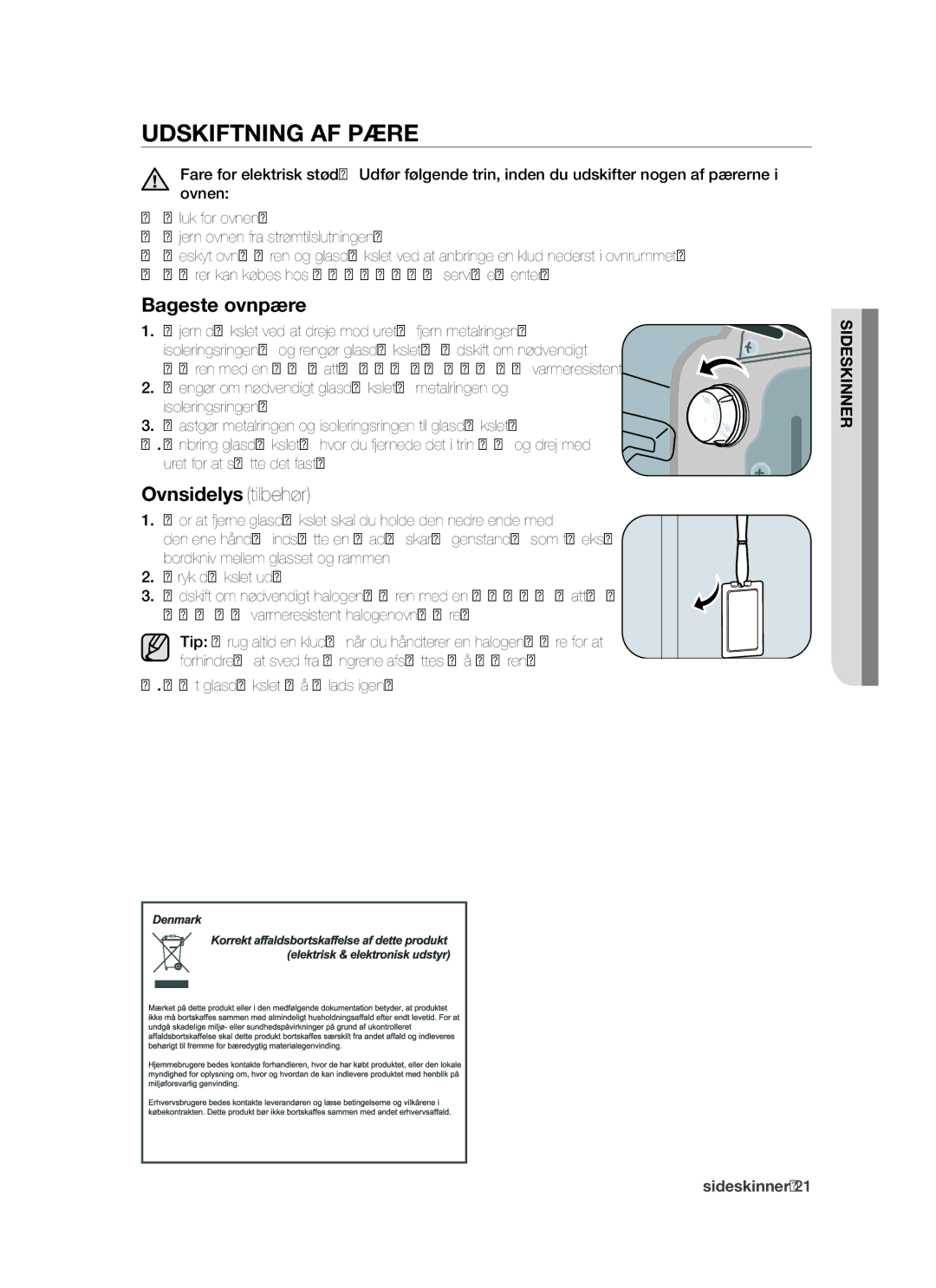 Samsung BT621TDBST/XEE manual Udskiftning AF Pære, Bageste ovnpære, Ovnsidelys tilbehør 