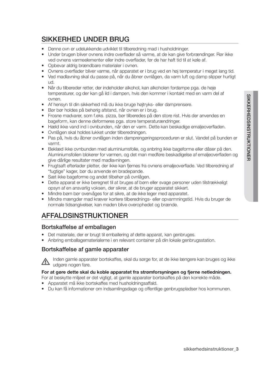 Samsung BT621TDBST/XEE manual Sikkerhed Under Brug, Affaldsinstruktioner, Bortskaffelse af emballagen 