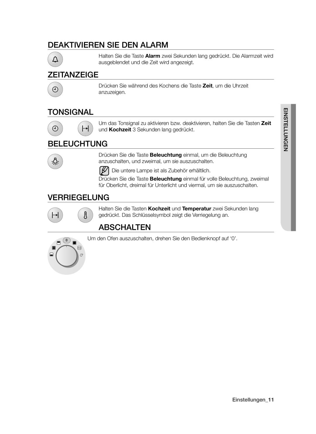 Samsung BT621TSST/XEG manual Deaktivieren SIE DEN Alarm, Zeitanzeige, Tonsignal, Beleuchtung, Verriegelung, Abschalten 