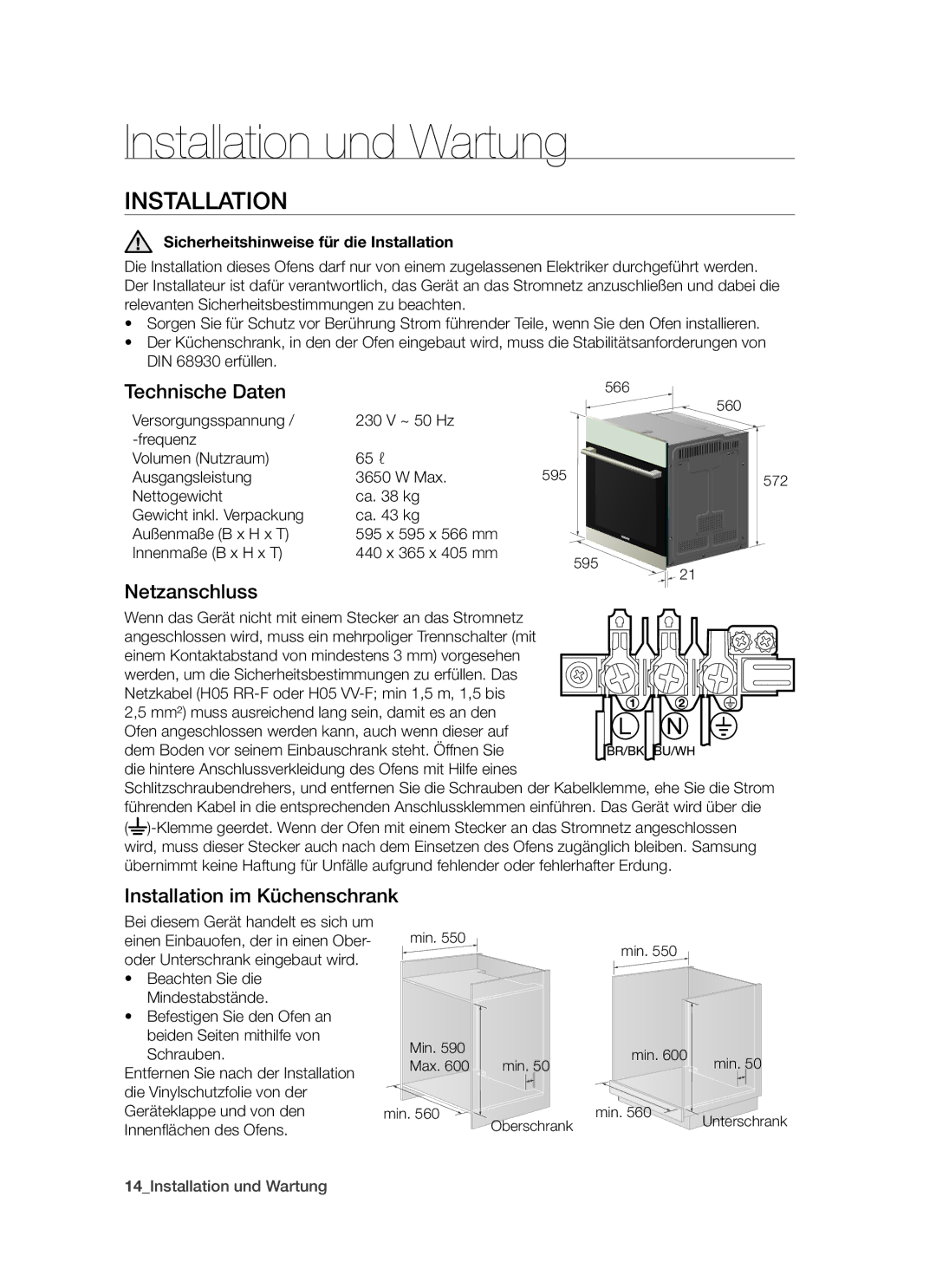 Samsung BT621TSST/XEG manual Installation und Wartung, Technische Daten, Netzanschluss, Installation im Küchenschrank 