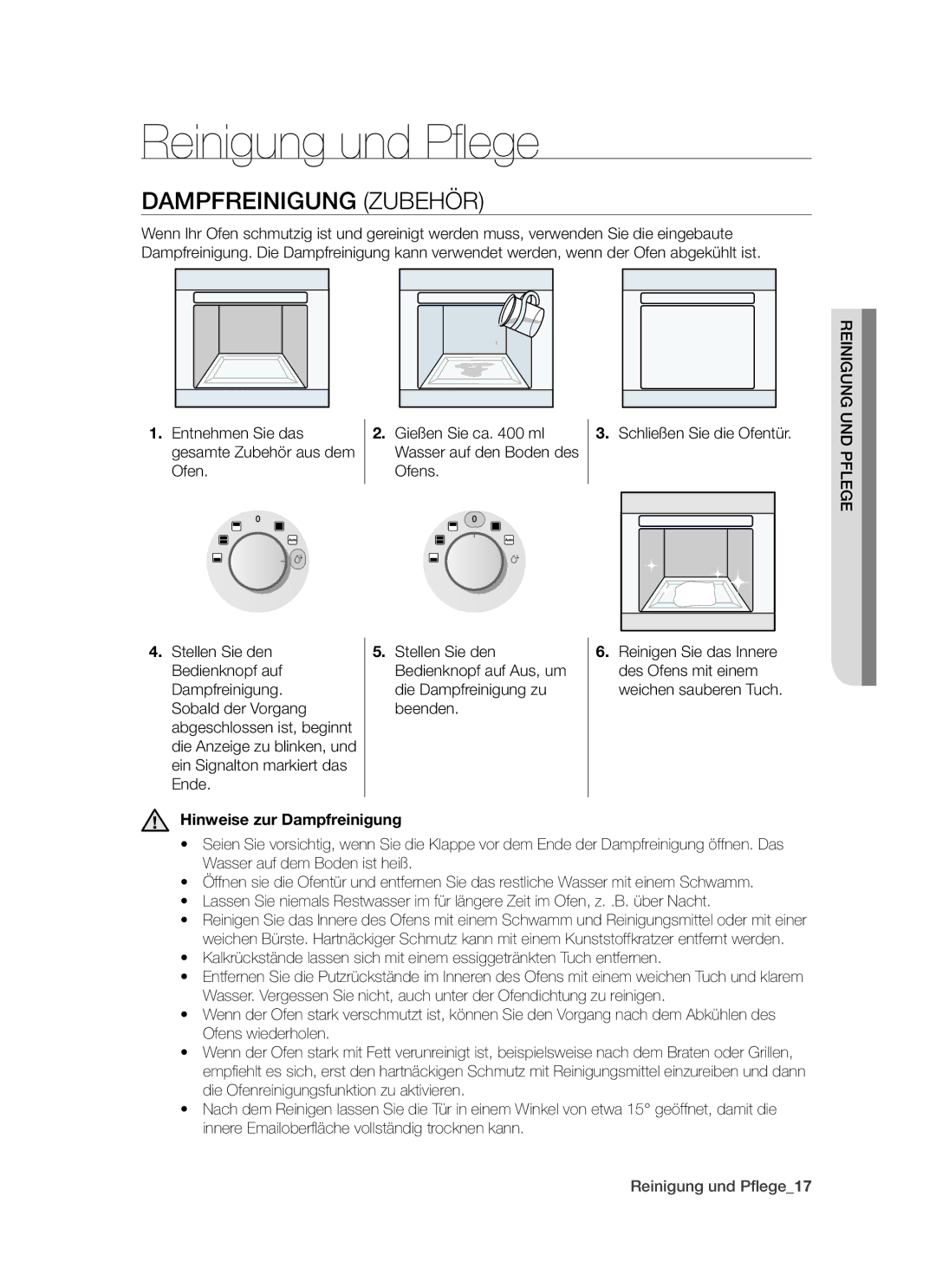 Samsung BT621TSST/XEG manual Reinigung und Pﬂege, Dampfreinigung Zubehör, Hinweise zur Dampfreinigung 