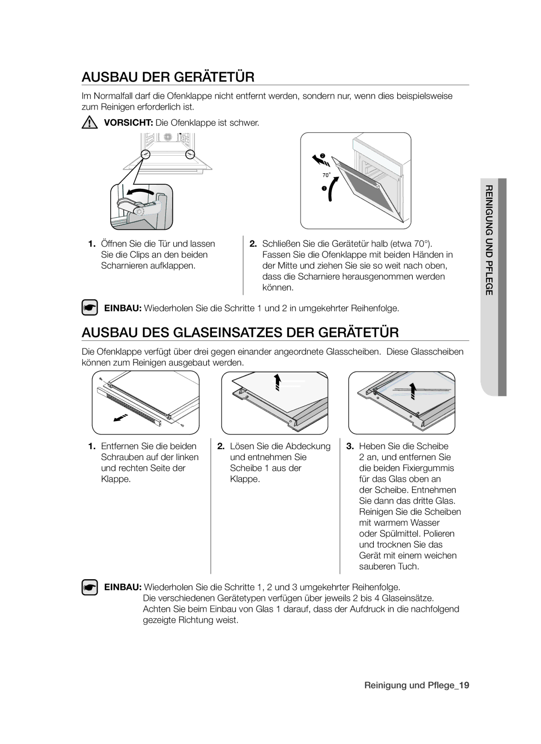 Samsung BT621TSST/XEG manual Ausbau DER Gerätetür, Ausbau DES Glaseinsatzes DER Gerätetür, Scharnieren aufklappen, Können 