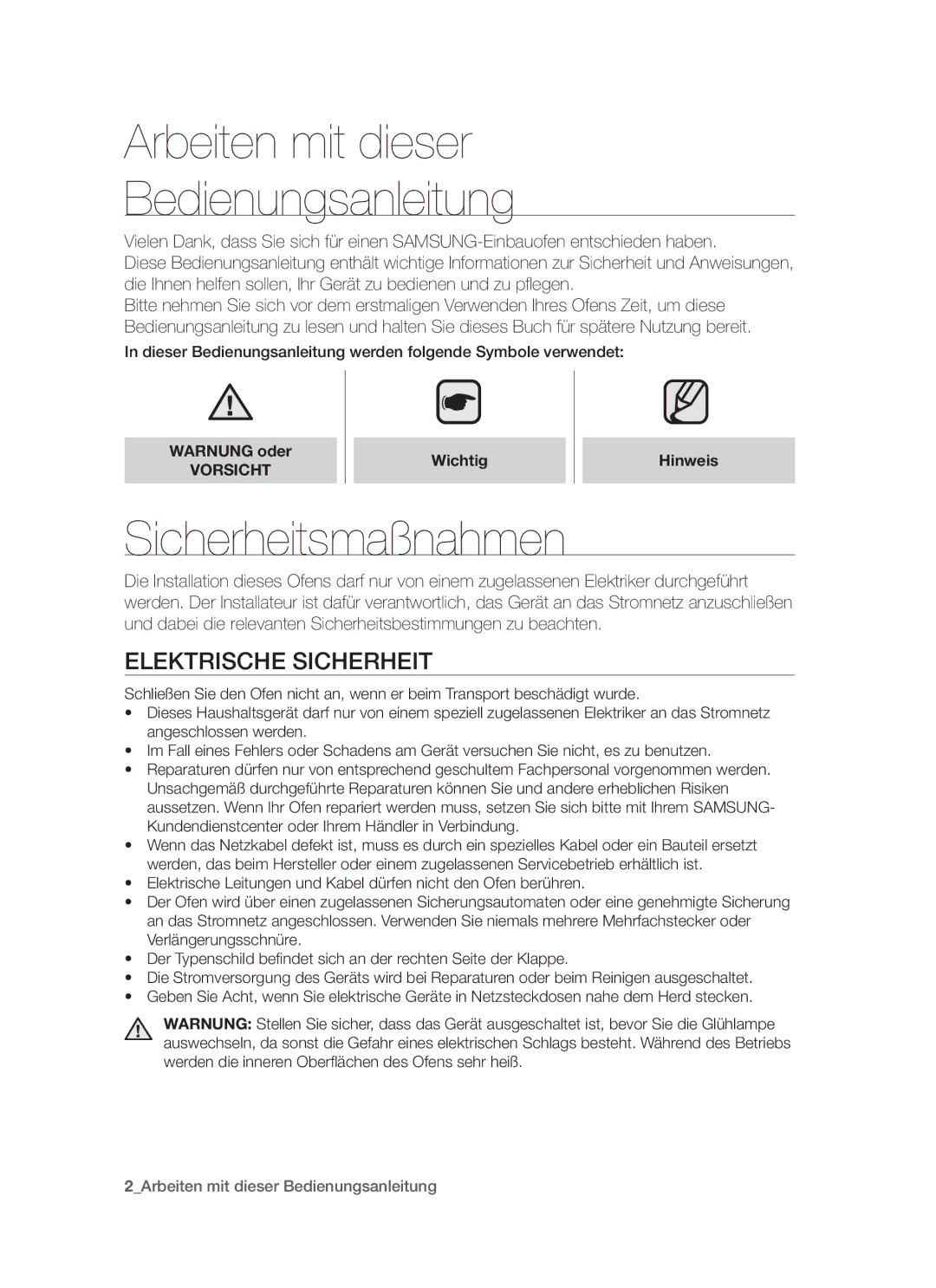 Samsung BT621TSST/XEG Arbeiten mit dieser Bedienungsanleitung, Sicherheitsmaßnahmen, Elektrische Sicherheit, Warnung oder 