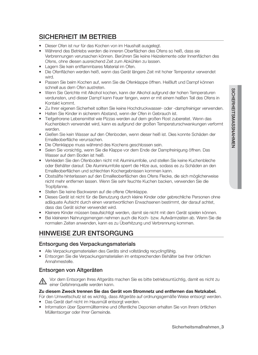 Samsung BT621TSST/XEG manual Sicherheit IM Betrieb, Hinweise ZUR Entsorgung, Entsorgung des Verpackungsmaterials 