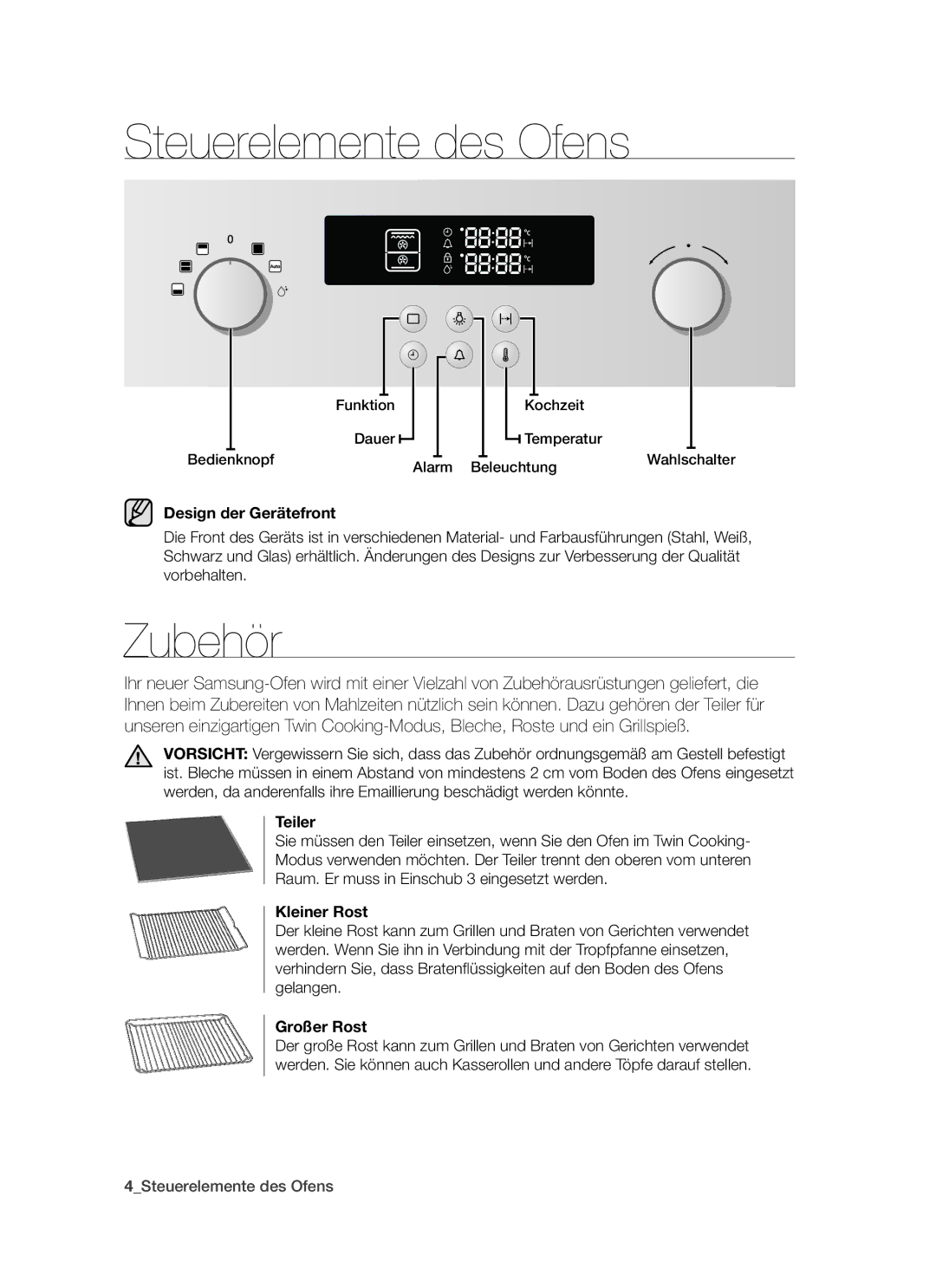 Samsung BT621TSST/XEG manual Steuerelemente des Ofens, Zubehör 