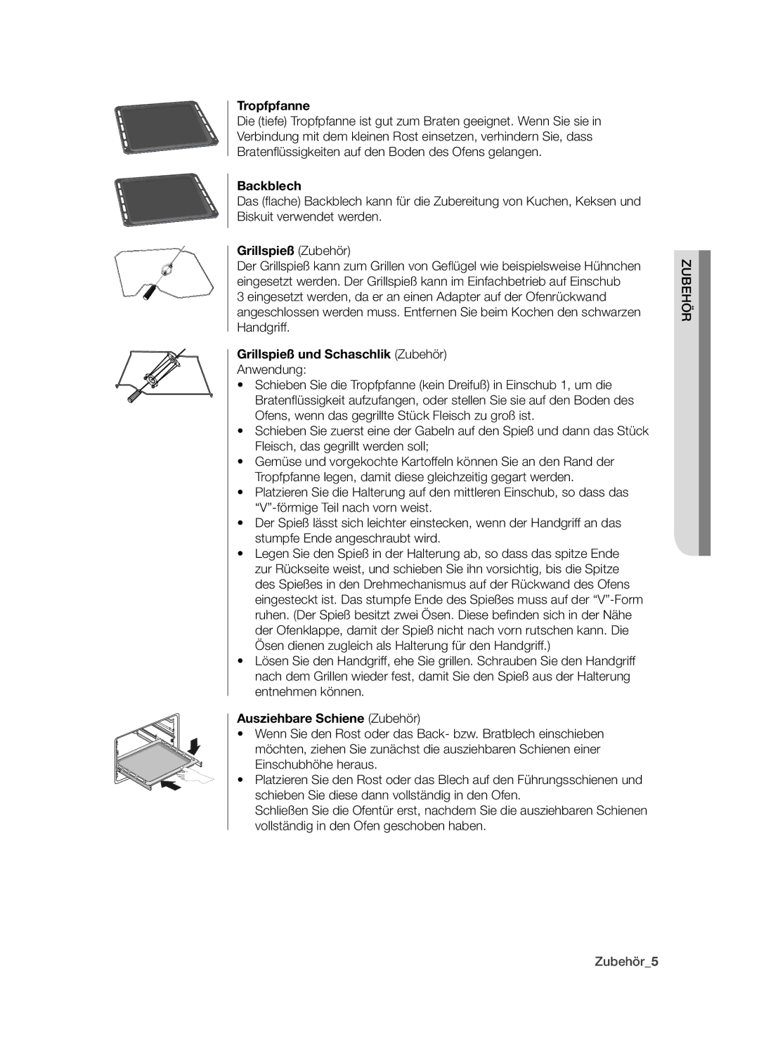 Samsung BT621TSST/XEG manual Tropfpfanne, Backblech, Grillspieß Zubehör, Grillspieß und Schaschlik Zubehör 