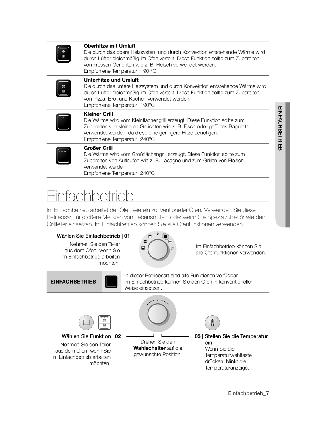 Samsung BT621TSST/XEG manual Einfachbetrieb, Oberhitze mit Umluft, Unterhitze und Umluft, Kleiner Grill, Großer Grill 