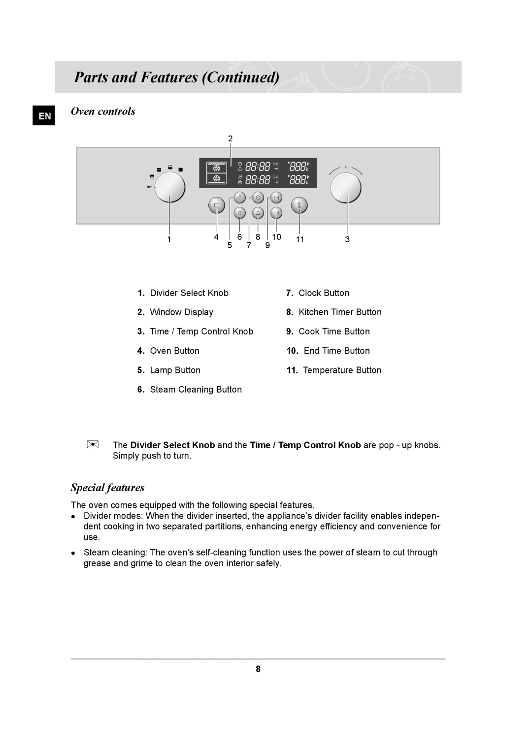 Samsung BT62CDBFST, BT62CDBST owner manual Oven controls, Special features 