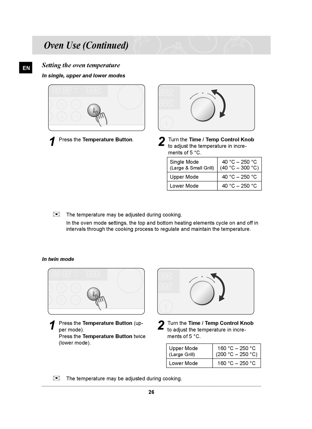 Samsung BT62CDBFST, BT62CDBST owner manual Setting the oven temperature, Press the Temperature Button twice 