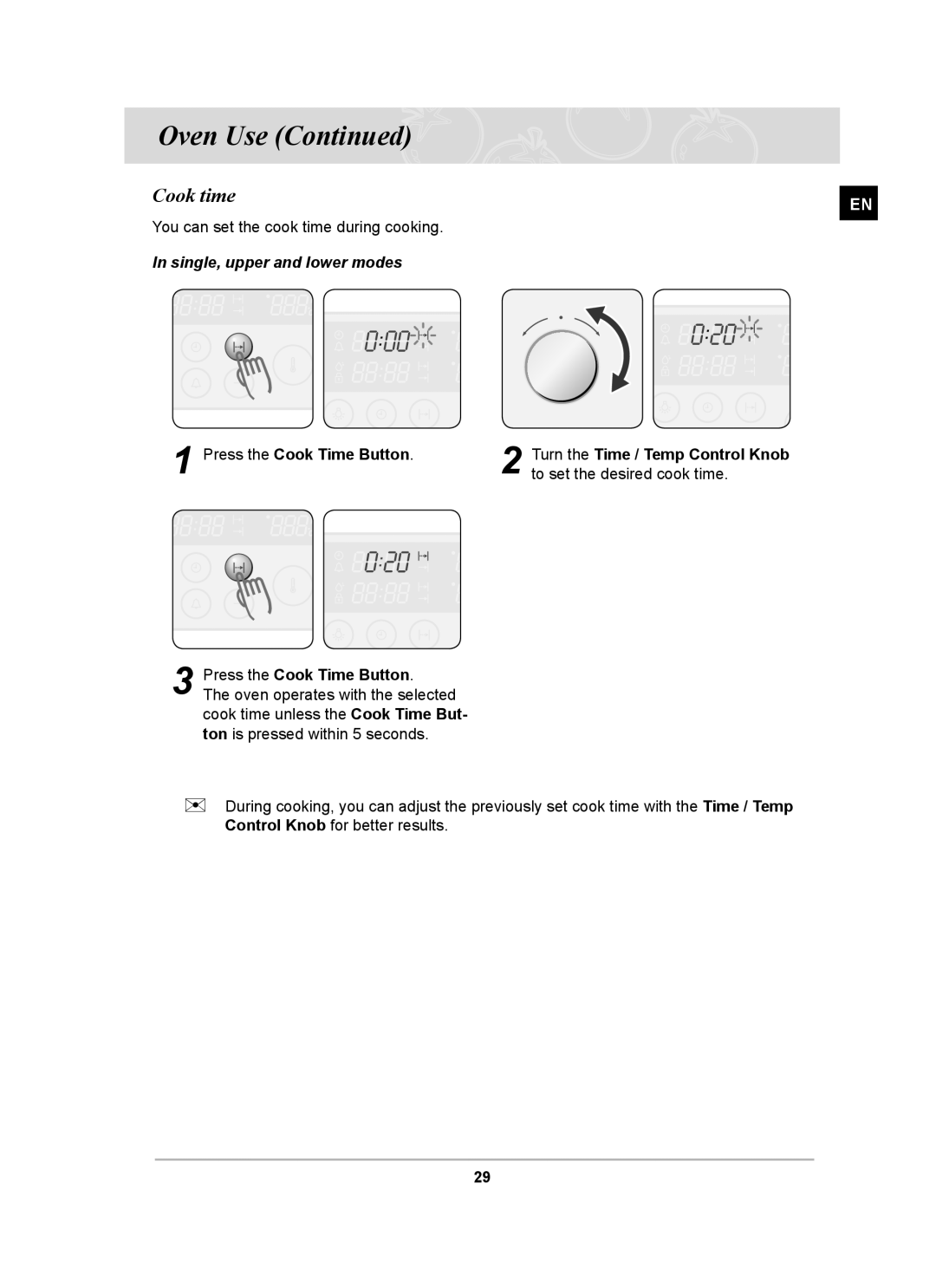 Samsung BT62CDBST, BT62CDBFST owner manual Cook time, Press the Cook Time Button 