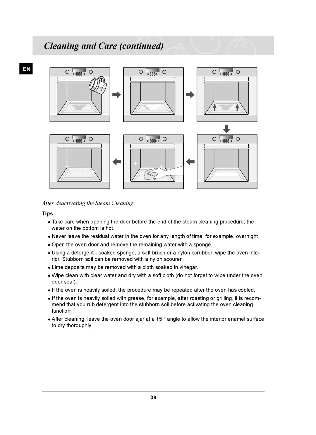 Samsung BT62CDBFST, BT62CDBST owner manual After deactivating the Steam Cleaning, Tips 