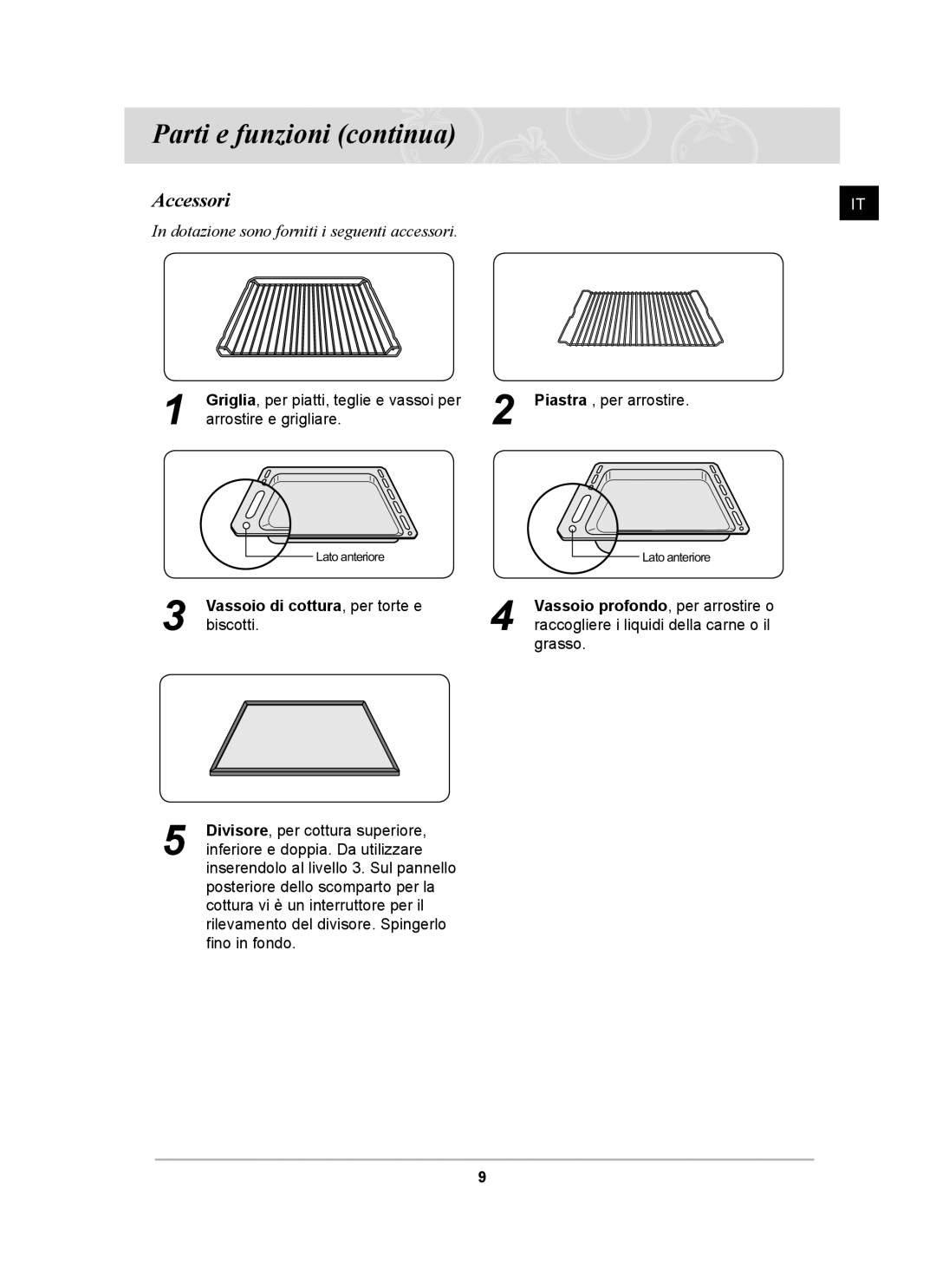 Samsung BT62CDBSTL/XET manual Parti e funzioni continua, Accessori 