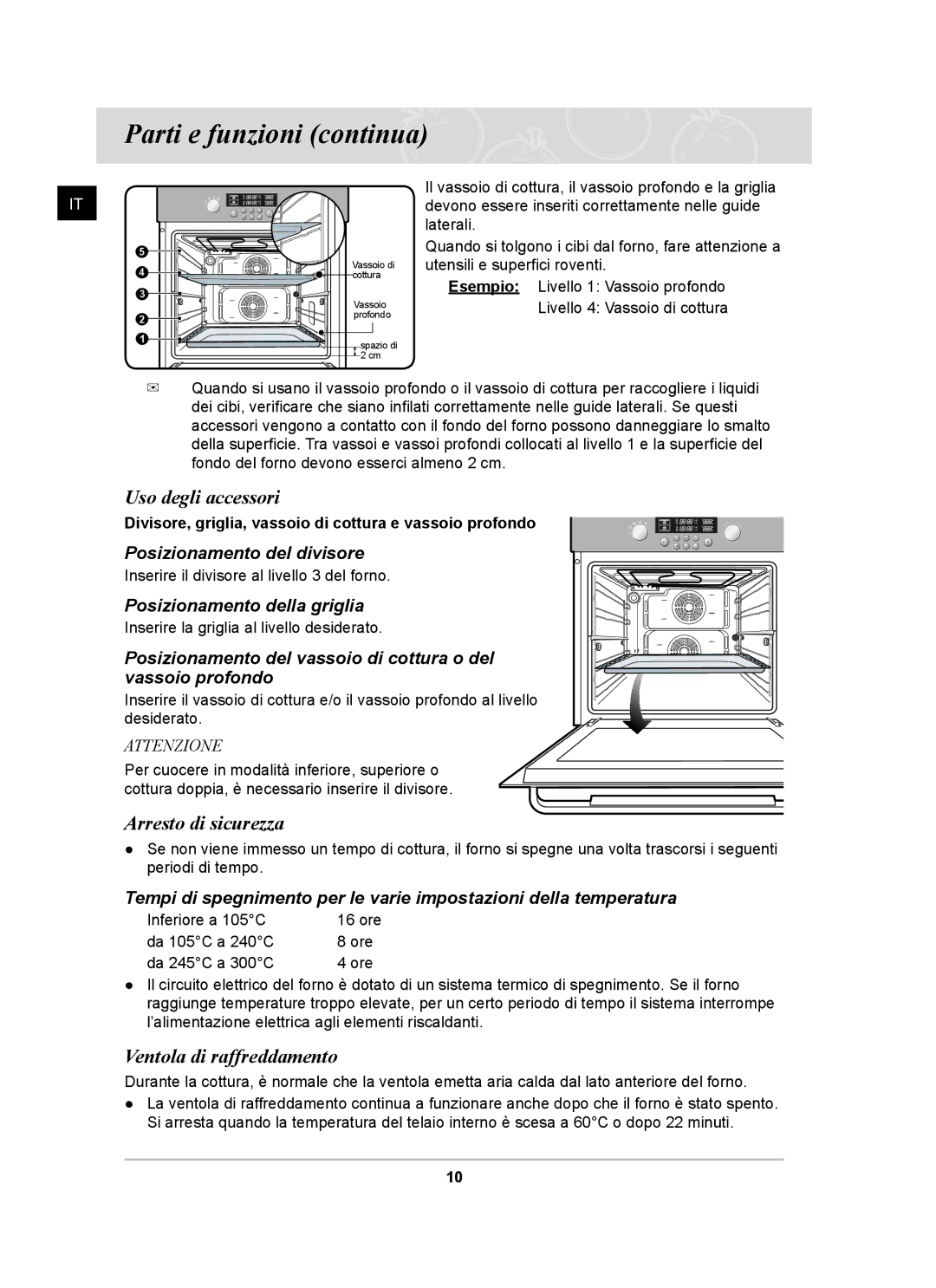 Samsung BT62CDBSTL/XET Uso degli accessori, Arresto di sicurezza, Ventola di raffreddamento, Posizionamento del divisore 