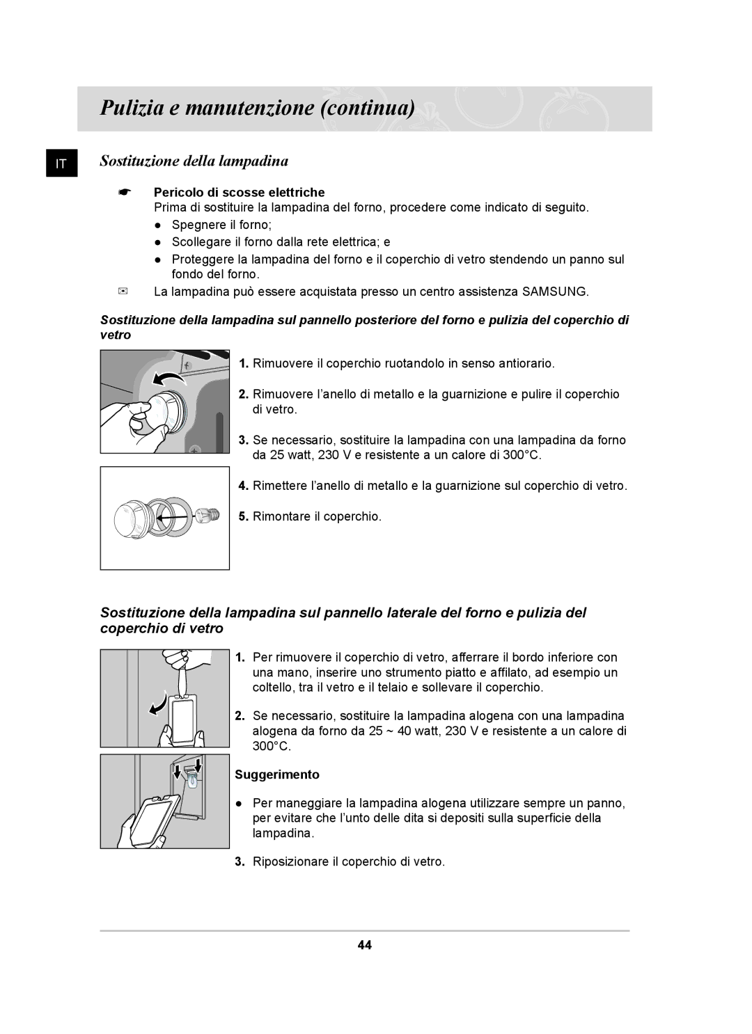 Samsung BT62CDBSTL/XET manual Sostituzione della lampadina,  Pericolo di scosse elettriche, Suggerimento 