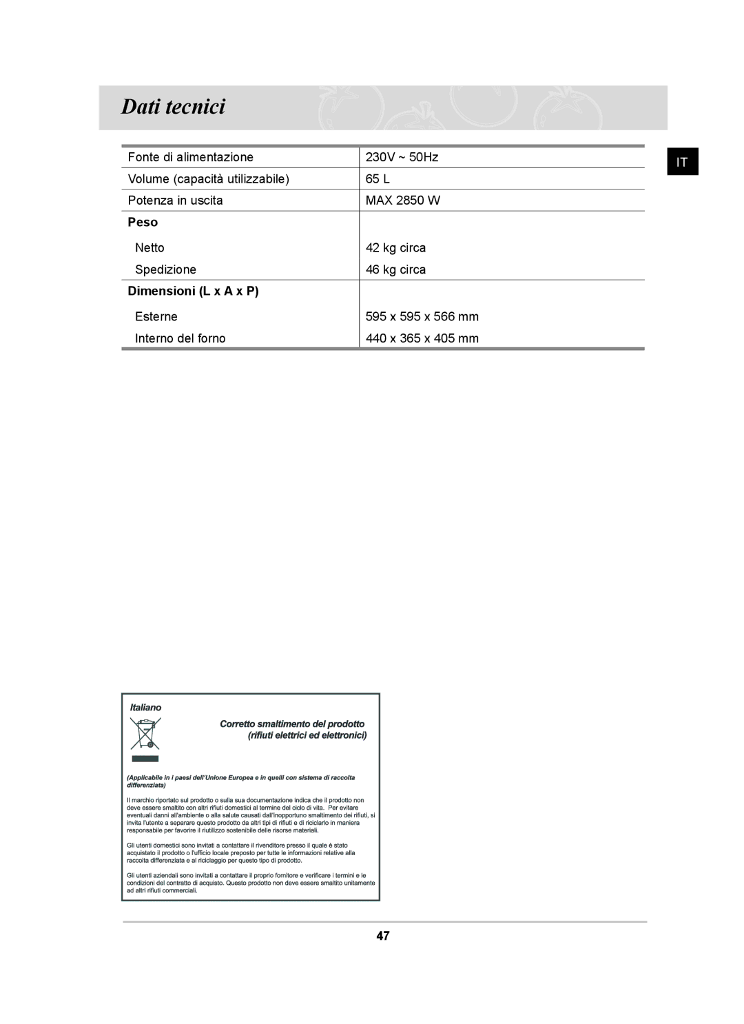 Samsung BT62CDBSTL/XET manual Dati tecnici, Peso, Dimensioni L x a x P 