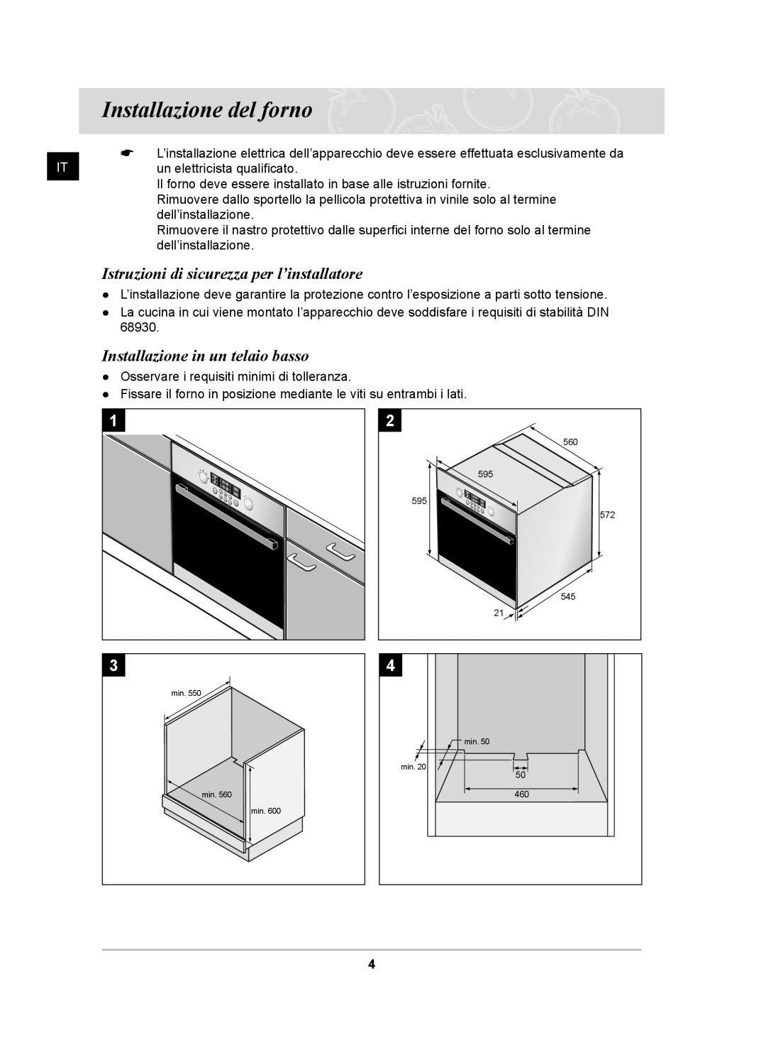 Samsung BT62CDBSTL/XET manual Installazione del forno, Istruzioni di sicurezza per l’installatore 