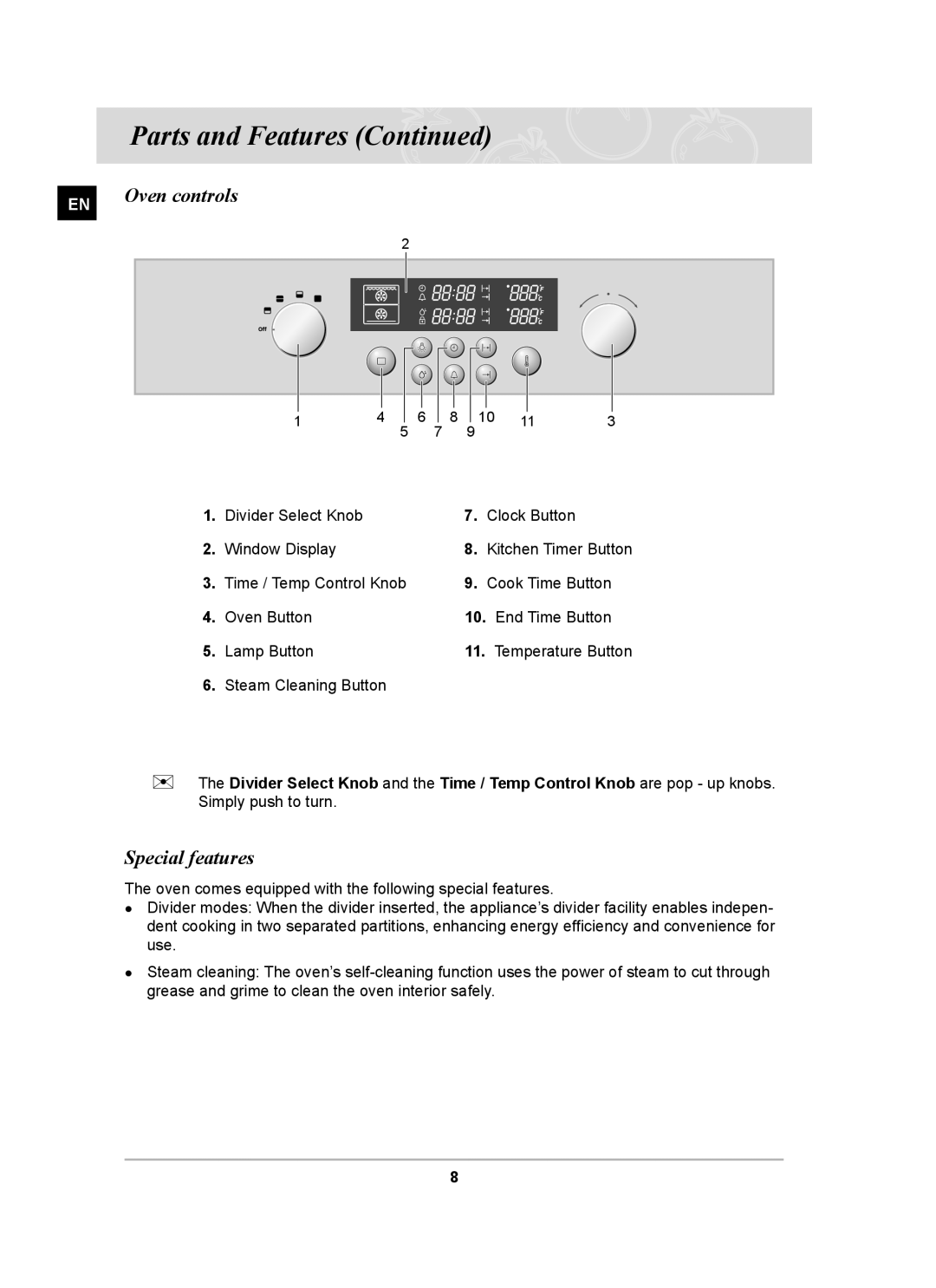 Samsung BT62CDBSTL/XET manual Oven controls, Special features 