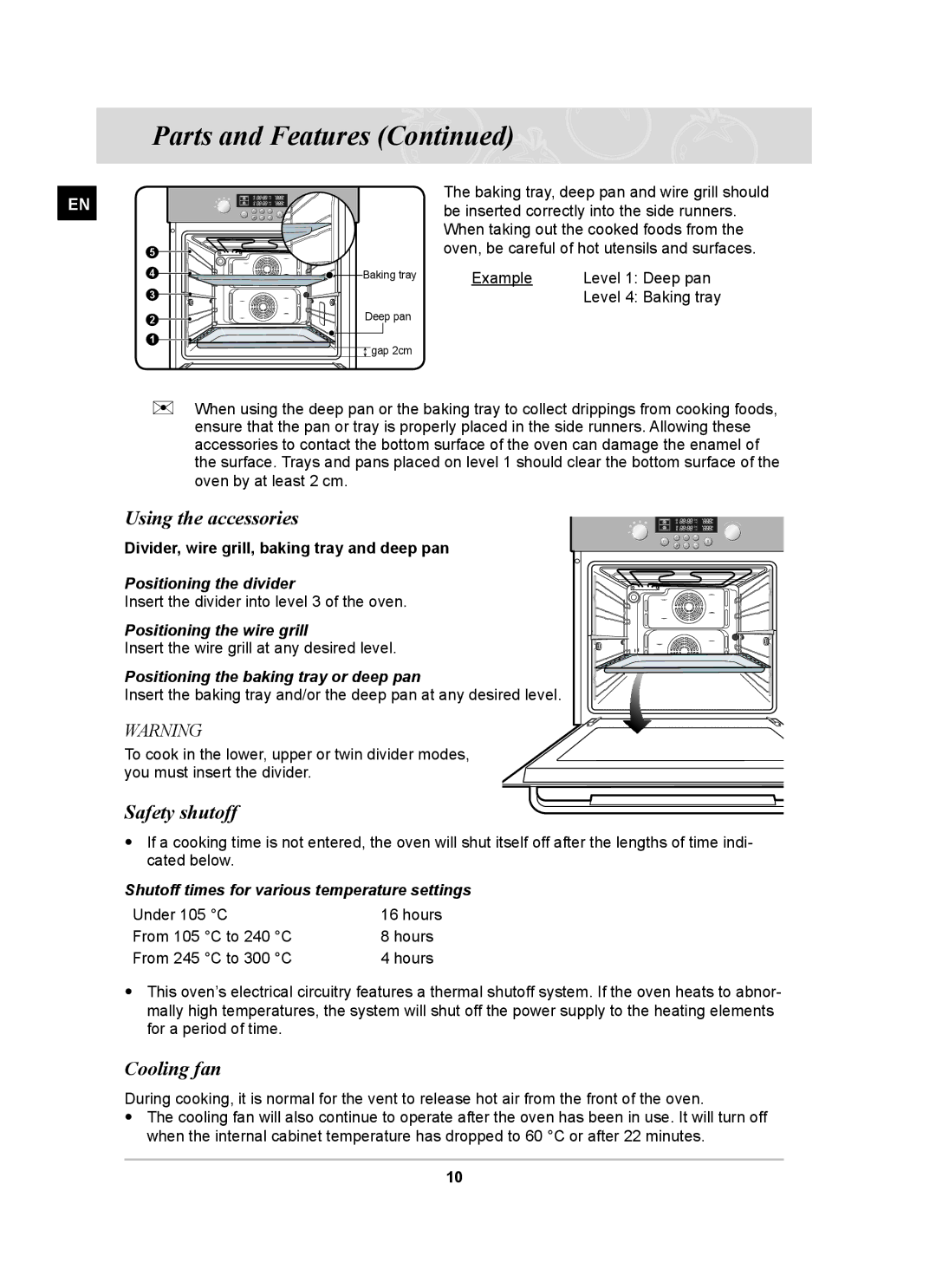 Samsung BT62CDBSTL/XET manual Using the accessories, Safety shutoff, Cooling fan 