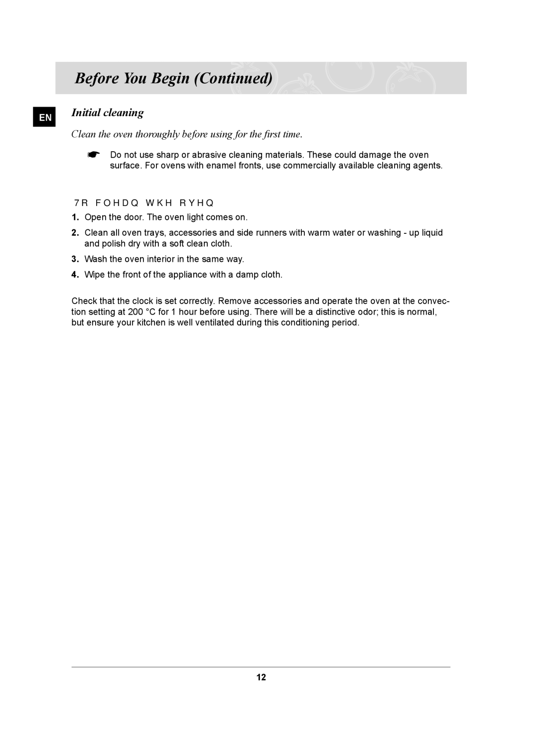 Samsung BT62CDBSTL/XET manual Initial cleaning, To clean the oven 