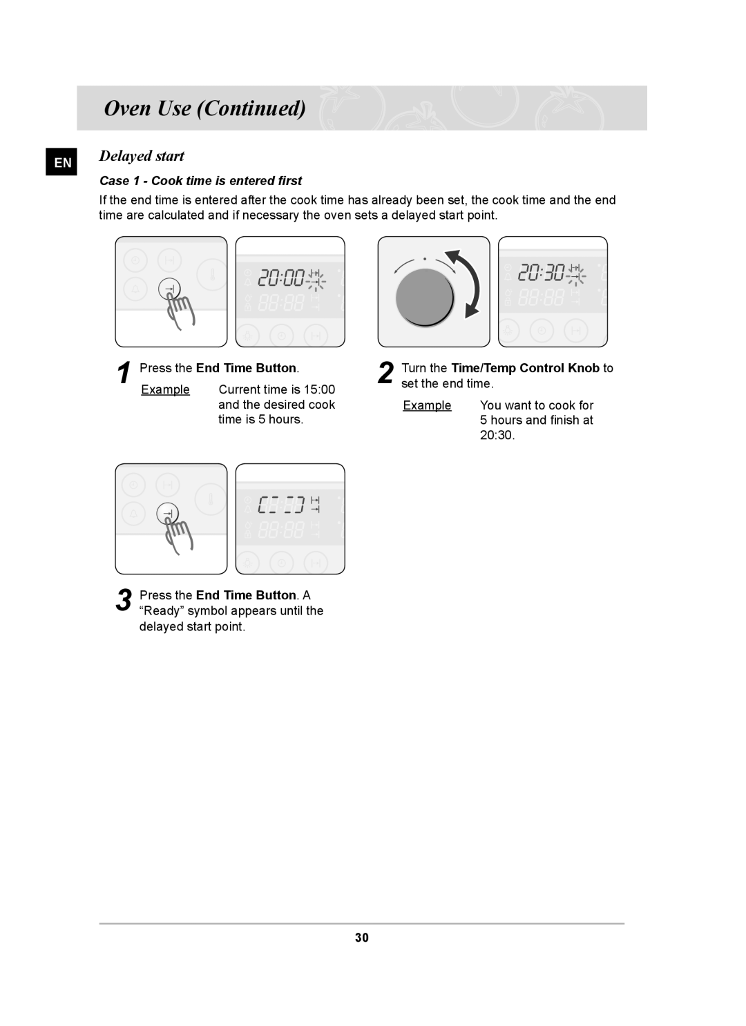 Samsung BT62CDBSTL/XET manual Delayed start, Case 1 Cook time is entered ﬁrst 