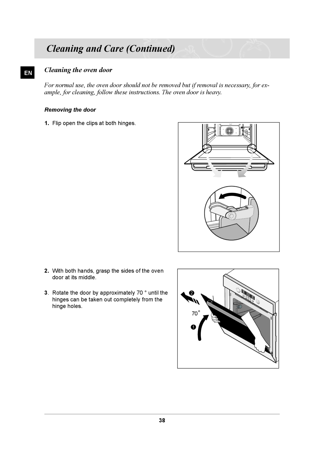 Samsung BT62CDBSTL/XET manual Cleaning the oven door, Removing the door 