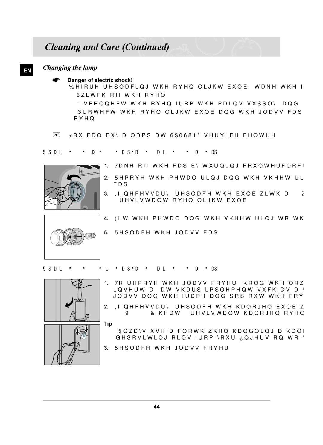 Samsung BT62CDBSTL/XET manual Changing the lamp,  Danger of electric shock, Tip 