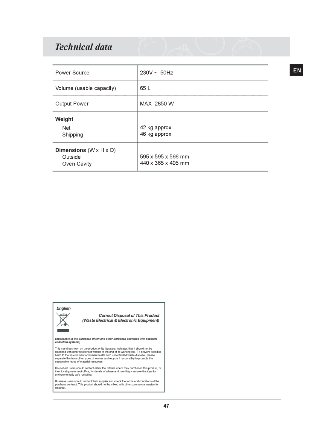 Samsung BT62CDBSTL/XET manual Technical data, Weight, Dimensions W x H x D 