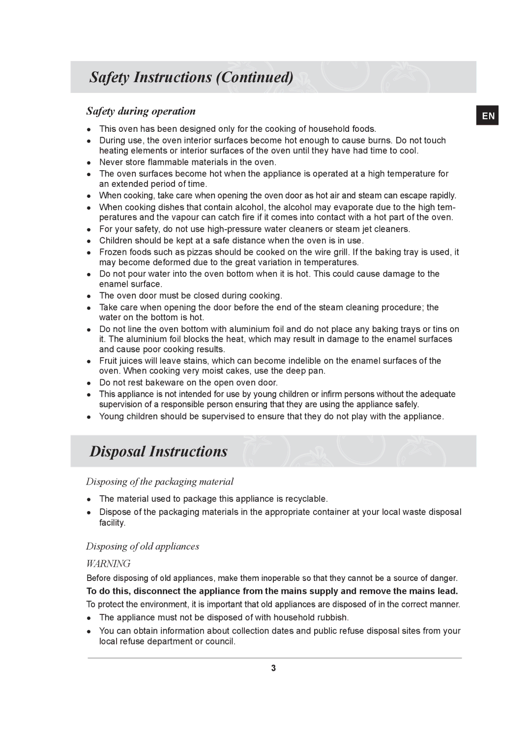 Samsung BT62CDBSTL/XET manual Disposal Instructions, Safety during operation 