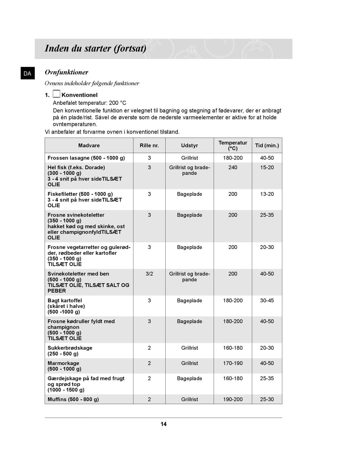 Samsung BT62CDBST/XEE manual DA Ovnfunktioner, Konventionel 