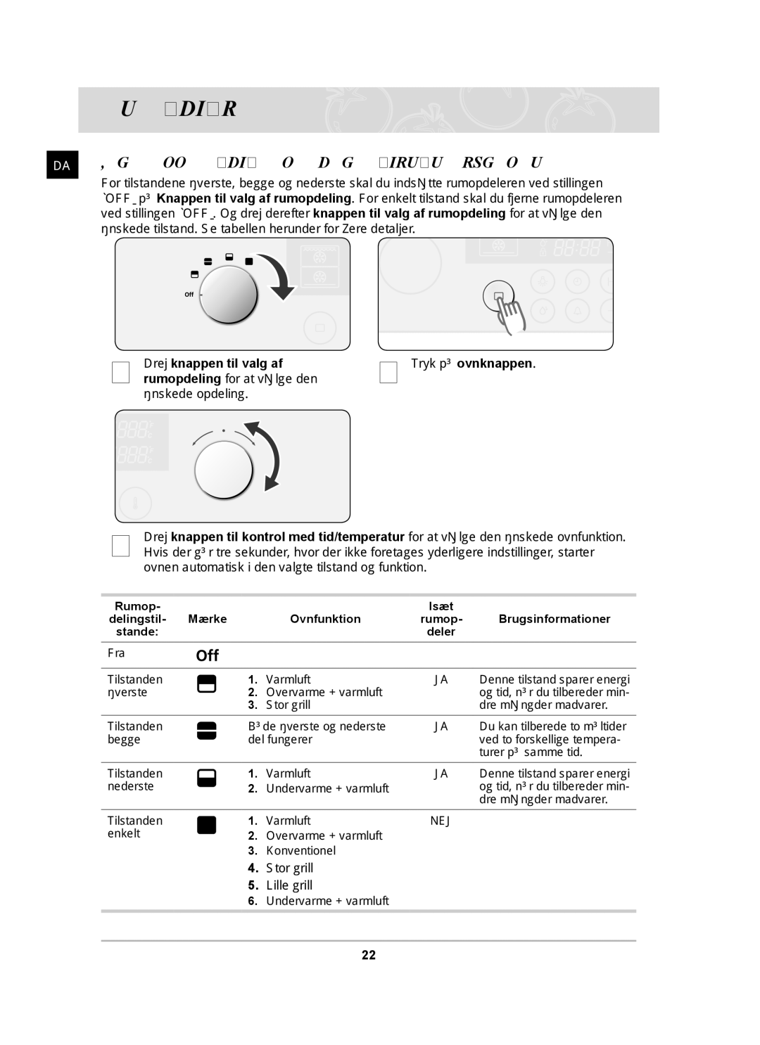 Samsung BT62CDBST/XEE manual Brug af ovnen, Indstilling af tilstanden for rumopdeleren, Drej knappen til valg af 