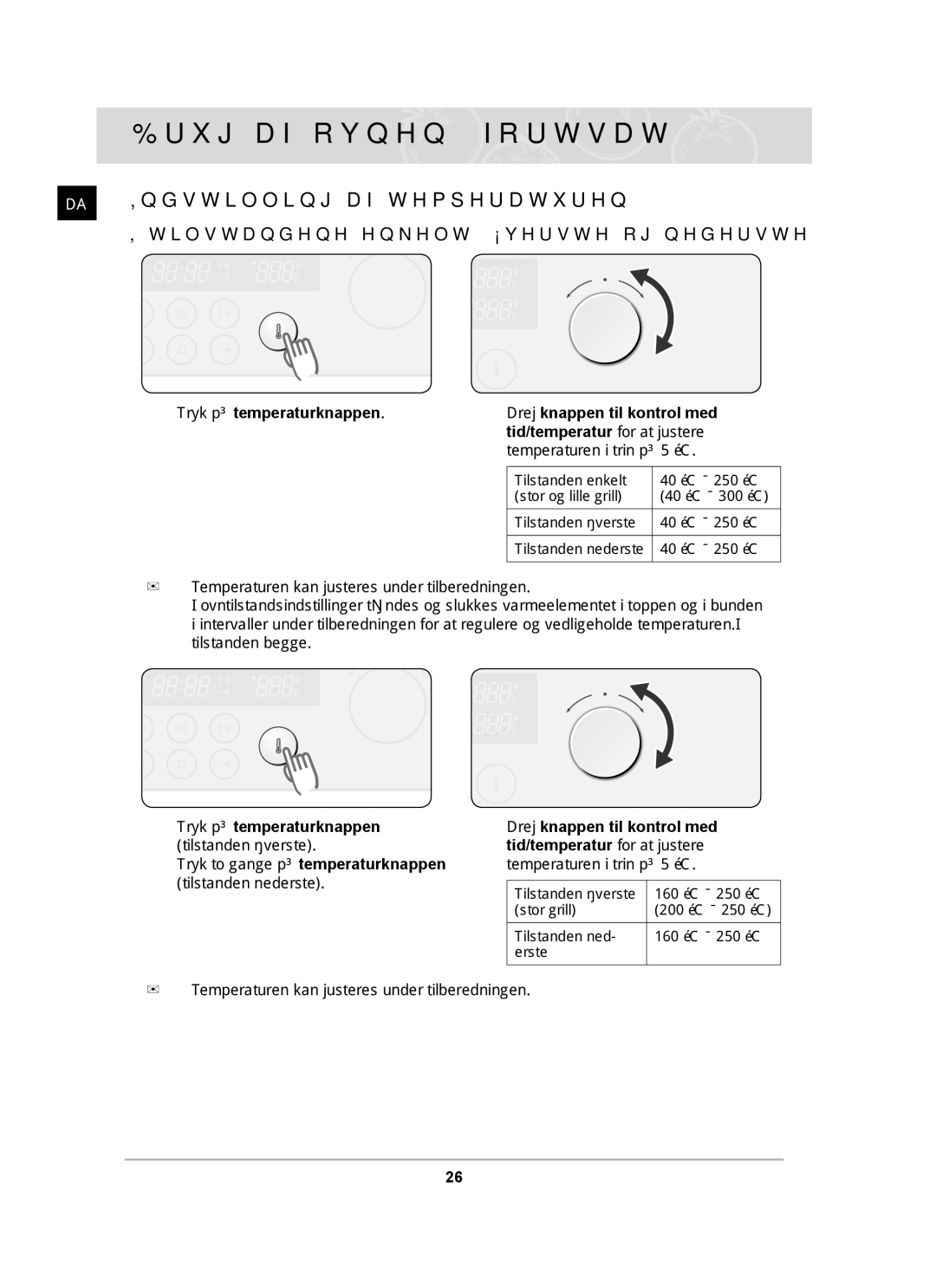 Samsung BT62CDBST/XEE manual Indstilling af temperaturen, Tryk på temperaturknappen 