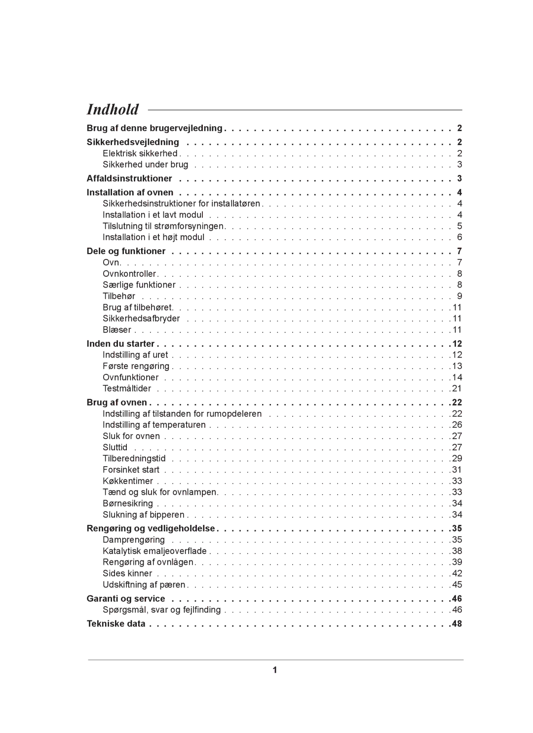 Samsung BT62CDBST/XEE manual Indhold, Tekniske data 