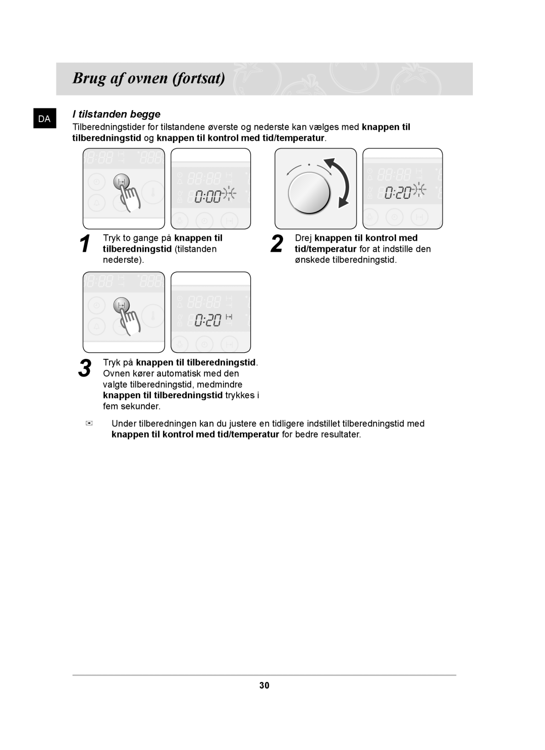 Samsung BT62CDBST/XEE manual Tilberedningstid og knappen til kontrol med tid/temperatur 