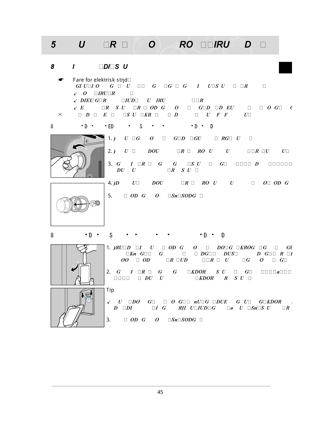 Samsung BT62CDBST/XEE manual Udskiftning af pæren, Udskiftning af ovnpæren i siden og rengøring af glasdækslet 