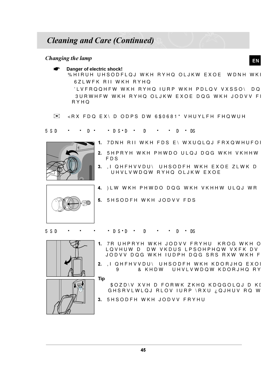 Samsung BT62CDBST/XEE manual Changing the lamp,  Danger of electric shock, Tip 