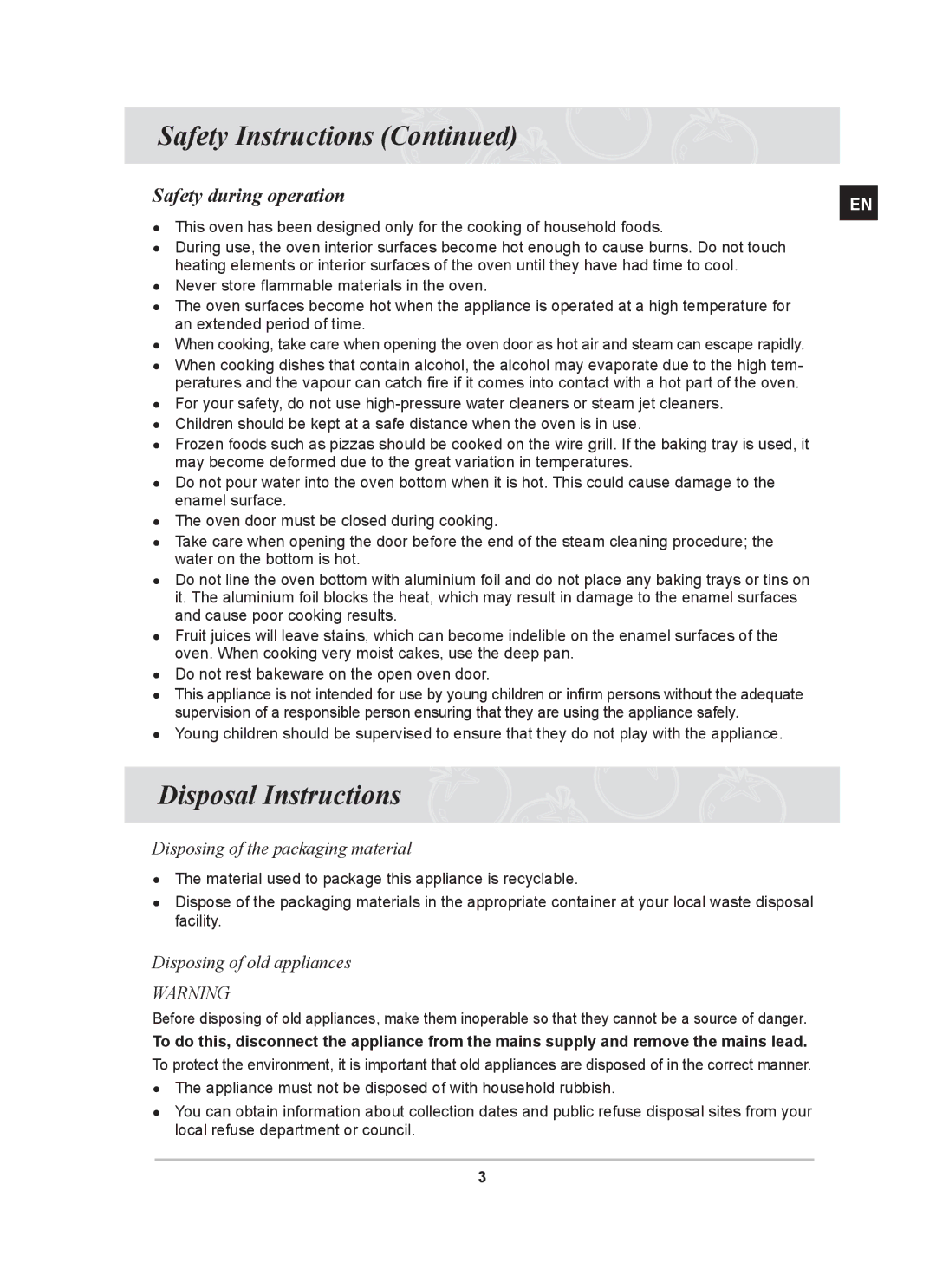 Samsung BT62CDBST/XEE manual Disposal Instructions, Safety during operation, Disposing of the packaging material 