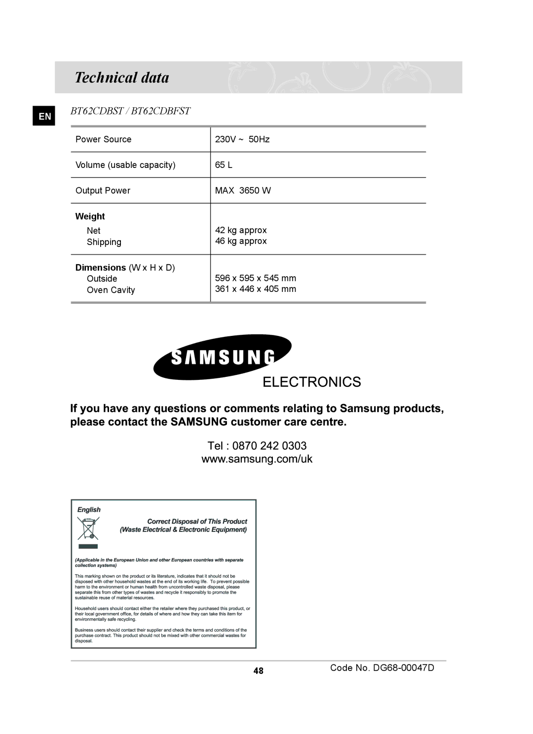 Samsung BT62CDBST/XEE manual Technical data, Weight, Dimensions W x H x D 